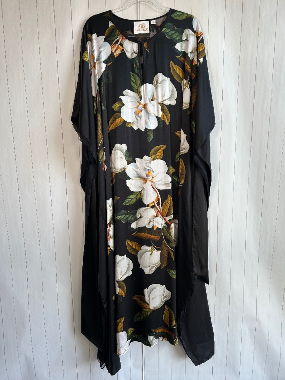 Nicoblu plus size 1X 2X 3X 4X Camellia belted kaftan maxi dress black 100% silk
